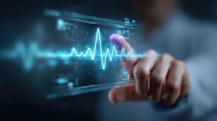 Healthcare innovation concept with clinician analyzing smart data through floating medical HUD, animated pulse waveform and biometric indicators glowing in ambient space