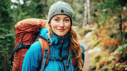 A woman hiking in a forest, wearing a blue jacket and carrying a red backpack. The setting is a lush, green forest with autumn leaves.
