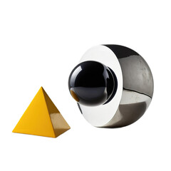 Photo of a modern abstract sculpture featuring a black sphere and a yellow pyramid, isolated on transparent background