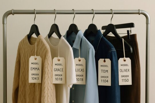 Clothes are hanging on a rack with model name tags attached, ready for a fashion photoshoot or personal styling session - Powered by Adobe