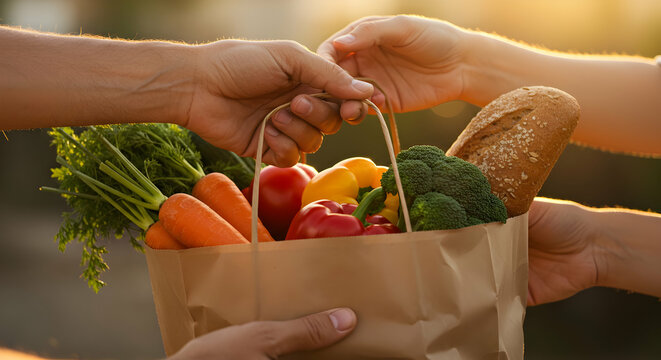 Hands exchanging paper bag of fresh produce