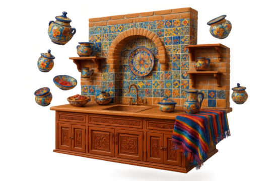 Ornate Mexican kitchen counter, colorful pottery, isolated on transparent background.