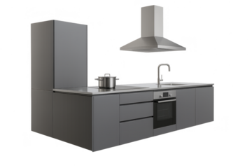 Contemporary kitchen design in grey, with appliances, isolated on transparent