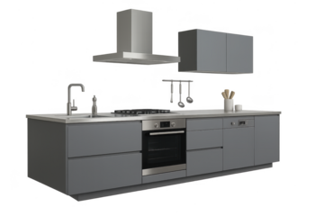 Modern grey kitchen with appliances isolated on clear background.