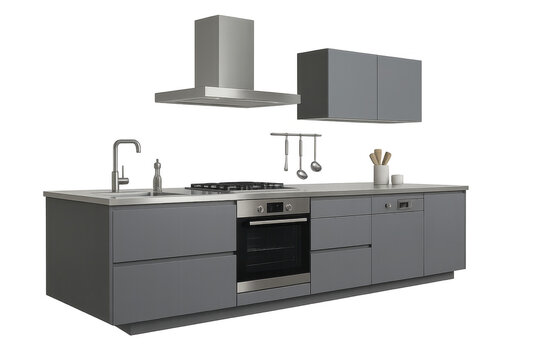 Modern grey kitchen with appliances isolated on clear background.