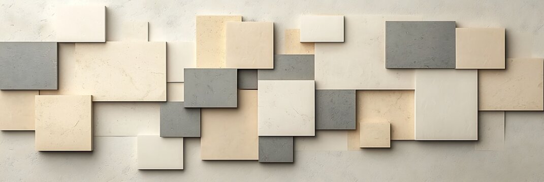 Abstract wall art of beige and gray rectangular panels arranged in a geometric, layered pattern creating depth and texture.