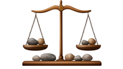realistic equinox balance scale mockup, side view with weighted stones, isolated on transparent background