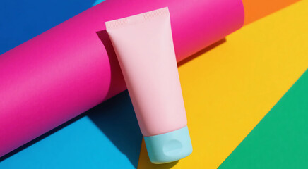 Pink cosmetic tube on vibrant colorful geometric background, modern skincare product mockup