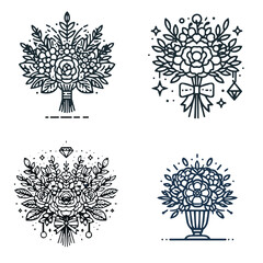 Fototapeta premium Floral illustrations of decorative bouquets in line art style 