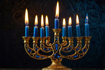 Fototapeta premium Ornate golden menorah with blue candles burning hanukkah