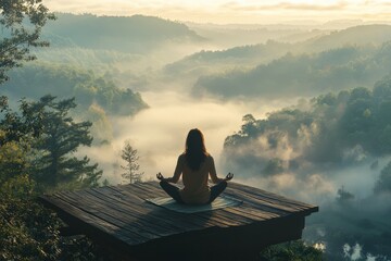 Serene meditation at sunrise overlooking misty mountains and valleys in a tranquil setting