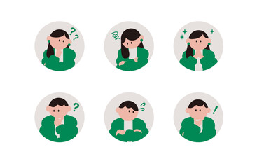 考えるポーズの男性と女性のシンプルなイラスト素材のセット