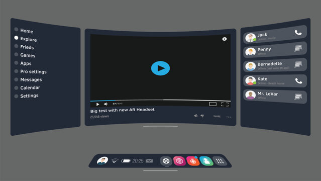 3D VR UI overlay, curved panel and perspective, featuring a central video player, side menus, icons, and a friends list for calls or messages. Immersive AR VR headset interfaces.