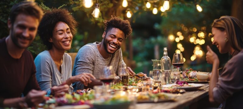 The cheerful gathering of friends enjoying a delightful dinner under warm lights.