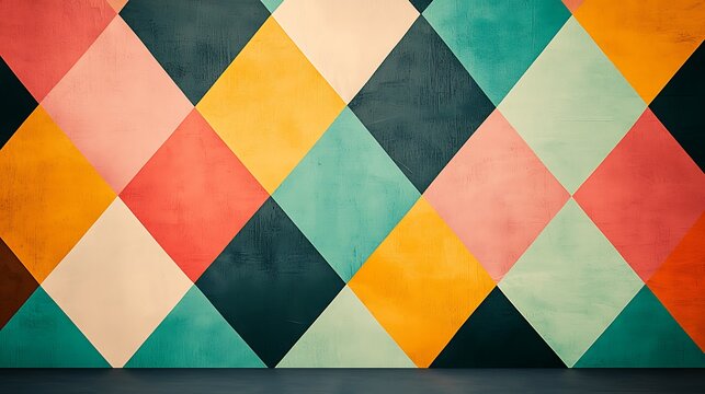 Colorful wall with a geometric diamond pattern in shades of teal, orange, pink, black, and cream above a dark floor.