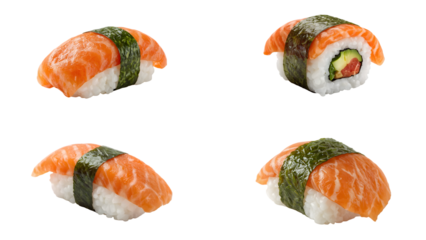 Four delicious salmon sushi and maki rolls isolated on black background