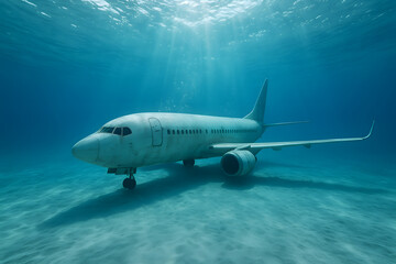 Fototapeta premium Submerged Airplane Underwater, Sunken Aircraft on Ocean Floor