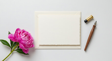 Vibrant Pink Peony Blossom with Blank Notecard and Calligraphy Pen.