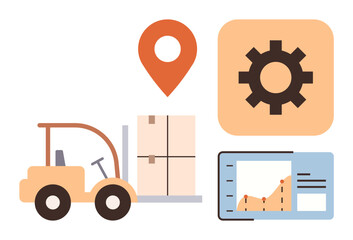 Forklift carrying boxes with map pin, gear icon, and analytics dashboard. Ideal for logistics, supply chain, delivery, productivity, warehouse management technology efficiency concepts. Simple flat