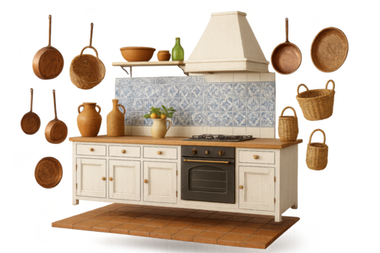 Charming rustic kitchen furniture and accessories, isolated on transparent background
