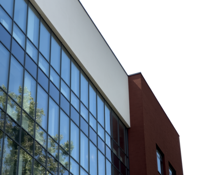 Modern urban building exterior with glass windows and concrete facade. Business office property