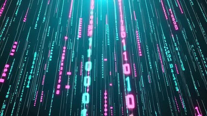 Binary code rain with glowing neon digits, pink and blue, on dark backdrop - Powered by Adobe