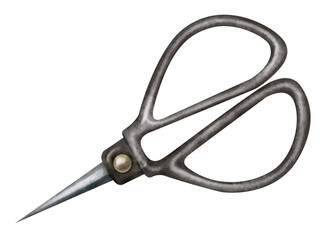 Watercolor illustration of vintage antique sewing scissors. Suitable for scrapbooking, stickers, haberdashery, printing on sewing aprons, t-shirts, business cards, sewing blogs and master classes