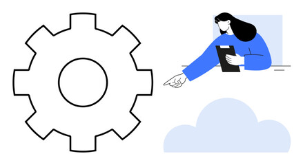 Fototapeta premium Gear outline, woman holding clipboard gesturing, and cloud symbolizing teamwork, innovation, and operational efficiency. Ideal for technology, business strategy, cloud computing, collaboration