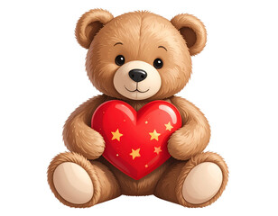 Obraz premium Cute fluffy teddy bear holding a red heart with stars, transparent background.