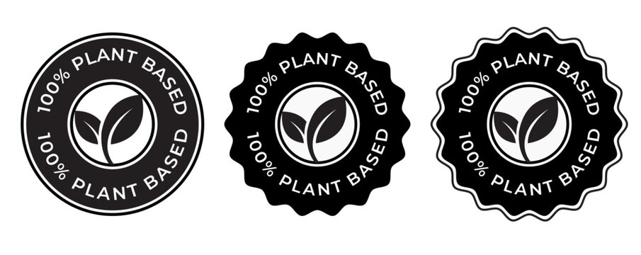 100 Percent Plant-Based vector badge logo – Green Circular Badge with Leaf Icon for Vegan or Organic Products, Vegan Product Stamp