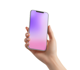 mockup of an Phone in the user's hands, with a purple and pink gradient screen isolated on a transparent background