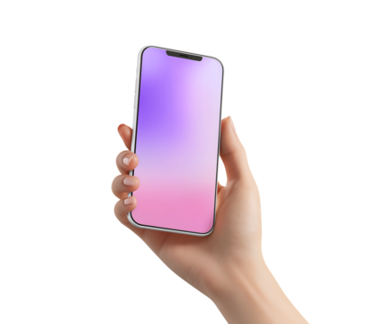 mockup of an Phone in the user's hands, with a purple and pink gradient screen isolated on a transparent background