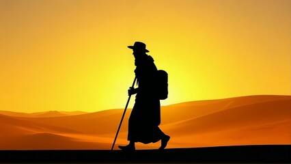 Silhouette of traveler walking desert sunset adventure travel backpacking trip