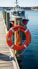 Life Preserver on Dock with Coast Guard Vessel in Background