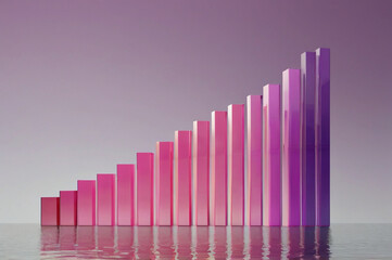 Pink and purple bars ascending on reflective surface bar graph rising
