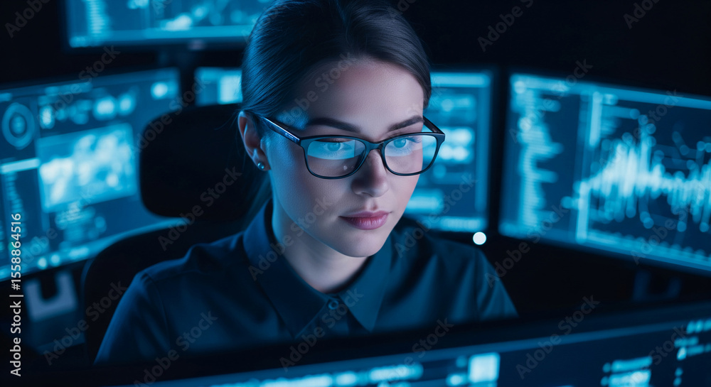 Wall mural woman in glasses focused on multiple computer screens displaying data, symbolizing technology, data 