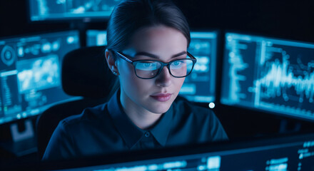 Woman in glasses focused on multiple computer screens displaying data, symbolizing technology, data analysis, and digital work