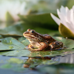 Close-up of a Frog Sitting on a Lily Pad with Water Reflection