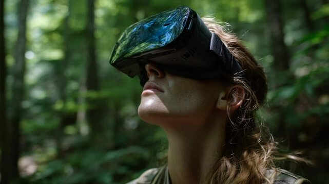 A person wearing a VR headset looks upward in a forest, reflecting the surrounding trees on the visor. Light hits the skin and hair