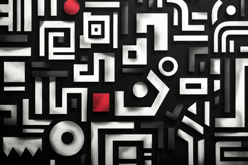 Abstract geometric composition in Art Nouveau style with a contrasting color palette: black background, white shapes and bright red accents.  