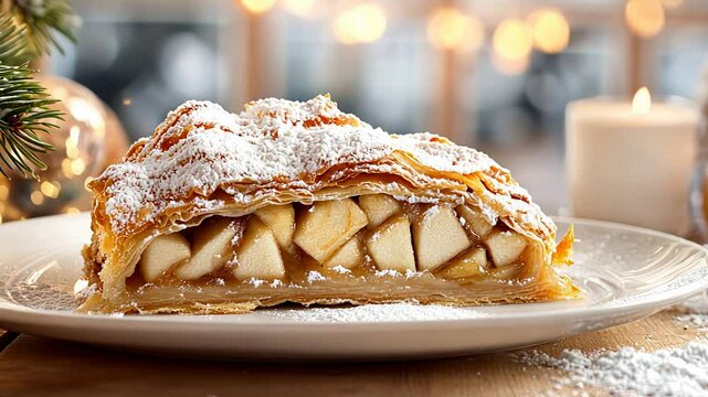 Festive apple strudel on a plate with winter holiday decorations and snowy background