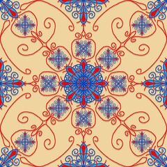 seamless floral pattern,blue and red cruves are combined to form flowers,swords,vases,jars,insects with yellow bavkground in geometric patterns to sarongs,tiles,fabric,printing fabric,tablecloths