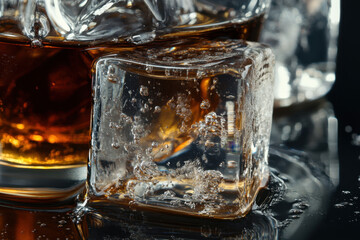 Crystal clear ice cube rests next to a glass of rich amber liquid, its cold surface sparkling with small melting water droplets and bubbling patterns.