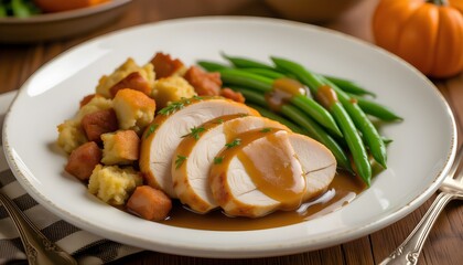 Homemade Thanksgiving Day Turkey Dinner Plate with Stuffing Gravy and Beans