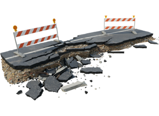Damaged road section with safety barriers isolated on transparent background