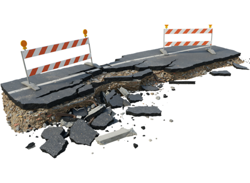 Damaged road section with safety barriers isolated on transparent background