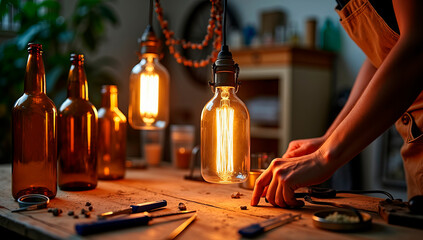 Warm, glowing light fills a charming workshop as a craftsman carefully assembles decorative lights from glass bottles. Tools and materials are scattered on a wooden table.