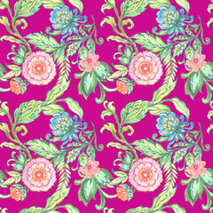Abstract drawing textile design, arrangement with multicolor damask jacobean paisley and batik flower seamless pattern
