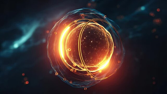 Stunning visualization of an atomic structure with glowing particles, set against a cosmic background