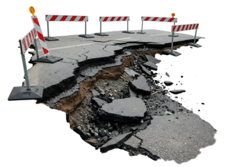 Damaged road section with safety barriers isolated on transparent background